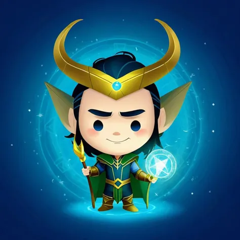 cartoon portrait of Loki wearing a golden crown with two long curved horns, holding the glowing blue Tesseract, smirking with a magical aura around him., in jmawx style, cute chibi, full character, smile, detailed facial features, Blue background    <lora:Jerrod_Maruyama_XL_V11.1:0.75>