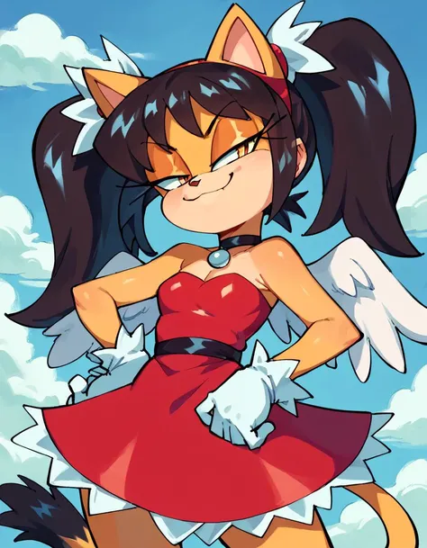 score_9, score_8_up, score_7_up, honey the cat, 1girl, black hair, white angel wings, solo, hand on own hip, gloves, red dress, twintails, smirk, smug, frilly hair ties <lora:HoneySDXL:0.85> <lora:FiinelSDXL:1>