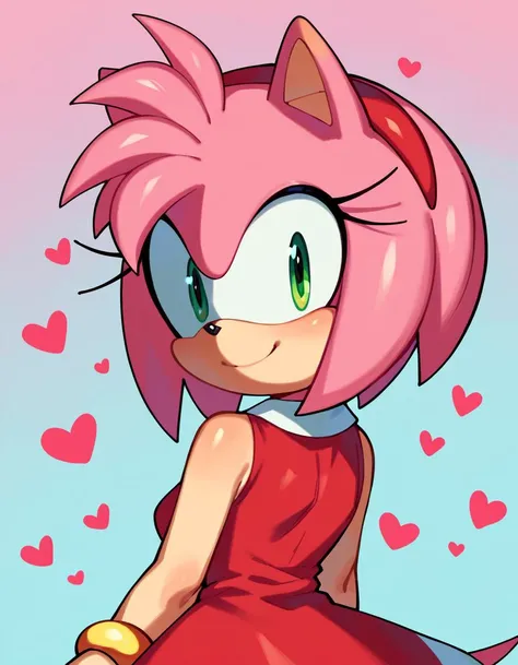 score_9, score_8_up, score_7_up, amy rose, sonic \(series\), 1girl, solo, portrait, looking at viewer, smile, red dress, pink gradient backgroud, heart pattern background <lora:FiinelSDXL:1>