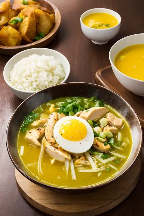food, photography, a bowl of soto ayam with chilli sauce, chicken slices, rice and boil egg on wooden table, yellow soup, hot steam, volumetric, rim lighting, soft focus, blurry background  <lora:ARWSotoAyam:0.8>