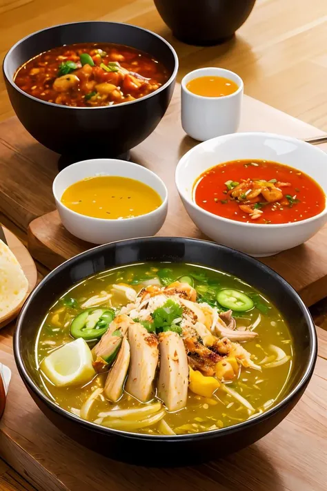 food, anime, manga, comic, a bowl of soto ayam with chili sauces, rice, wooden table, yellow soup, hot steam, volumetric, rim lighting, soft focus, blurry background <lora:ARWSotoAyam:0.8>