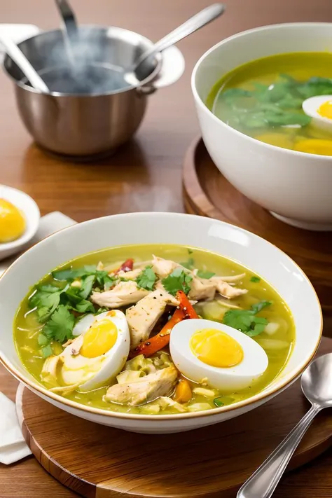 food, photography, a bowl of soto ayam with chilli sauce, chicken slices, rice and boil egg on wooden table, yellow soup, hot steam, volumetric, rim lighting, soft focus, blurry background  <lora:ARWSotoAyam:0.8>