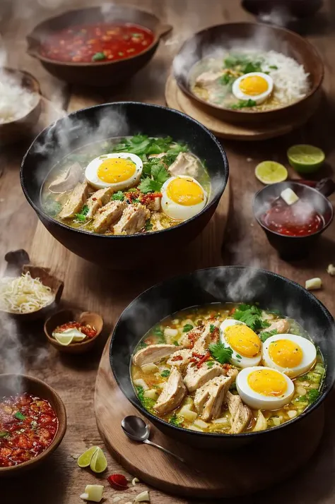 food, photography, a bowl of soto ayam with chilli sauce, chicken slices, rice and boil egg on wooden table, yellow soup, hot steam, volumetric, rim lighting, soft focus, blurry background <lora:ARWSotoAyam:1>
