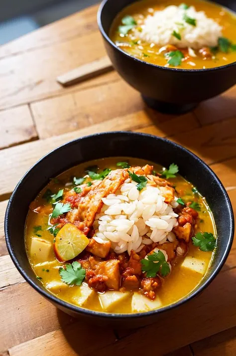 food, photography, a bowl of soto ayam with chili sauces, rice, wooden table, yellow soup, hot steam, volumetric, rim lighting, soft focus, blurry background <lora:ARWSotoAyam:1>