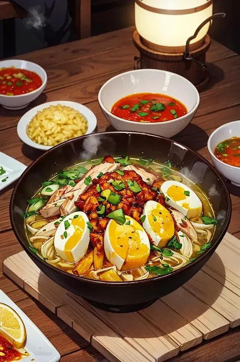 food, anime, manga, comic, a bowl of soto ayam with chili sauces, rice, wooden table, yellow soup, hot steam, volumetric, rim lighting, soft focus, blurry background  <lora:ARWSotoAyam:1>