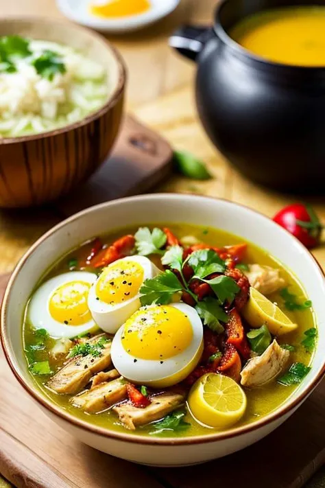 food, photography, a bowl of soto ayam with chilli sauce, chicken slices, rice and boil egg on wooden table, yellow soup, limes, hot steam, soft focus, blurry background <lora:ARWSotoAyam:1>