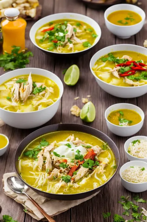 food, photography, a bowl of soto ayam with chilli sauces , chicken slices, rice, wooden table, yellow soup, hot steam, volumetric, rim lighting, soft focus, blurry background <lora:ARWSotoAyam:1>