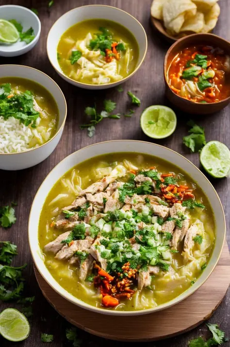 food, photography, a bowl of soto ayam with chilli sauces , chicken slices, rice, wooden table, yellow soup, hot steam, volumetric, rim lighting, soft focus, blurry background <lora:ARWSotoAyam:1>