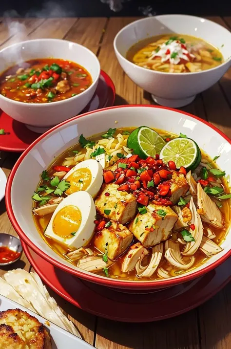 food, anime, manga, comic, a bowl of soto ayam with chili sauces, rice, wooden table, yellow soup, hot steam, volumetric, rim lighting, soft focus, blurry background <lora:ARWSotoAyam:1>