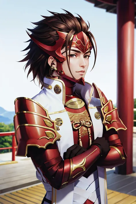 <lora:fireemblem_ryoma-10:1> feryoma, armor, gloves, brown hair, brown eyes
masterpiece, best quality, absurdres, shinto shrine, 1boy, male focus, upper body