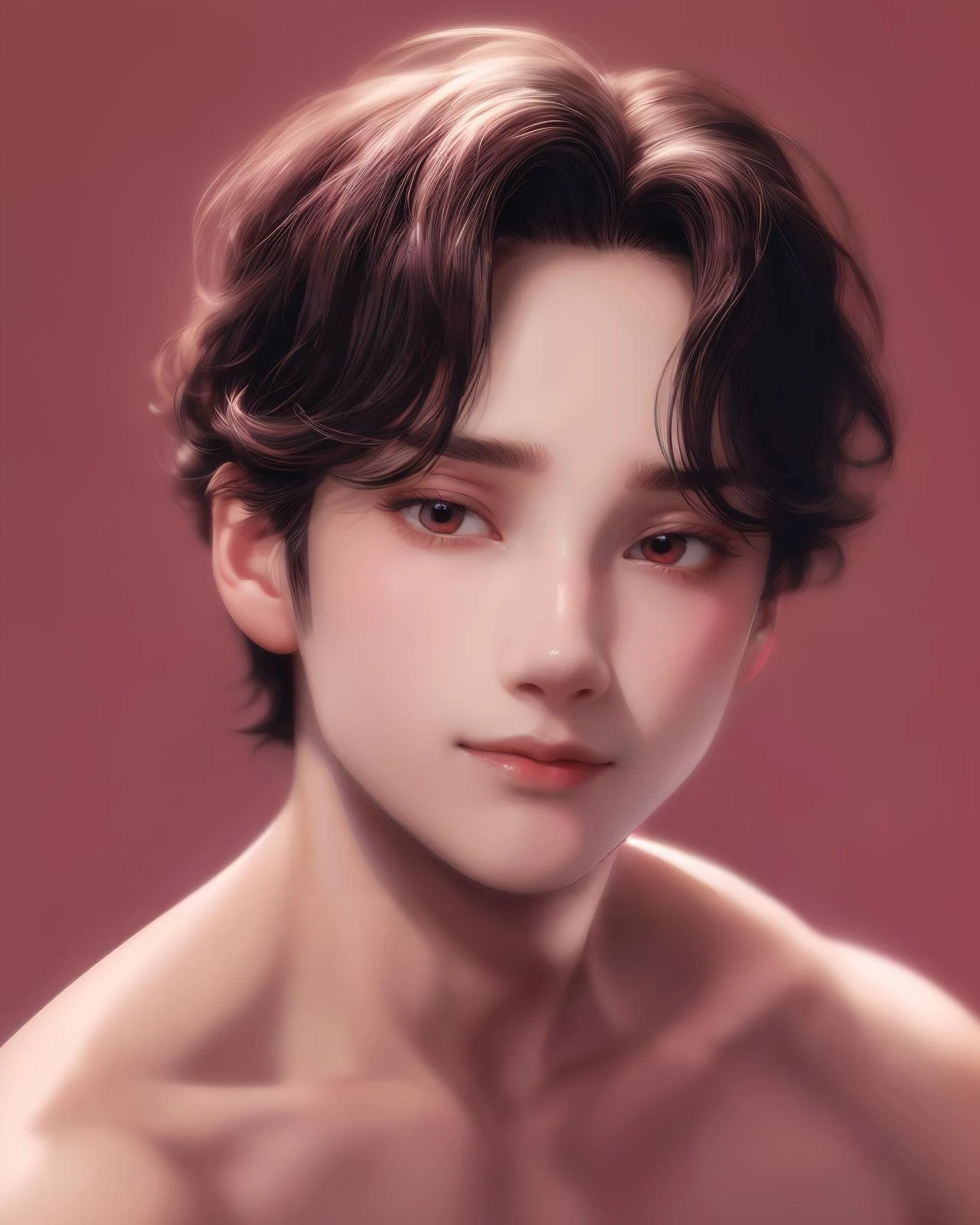 (hueningkai:1.2), handsome man, portrait, upper body, pixar style, smirk, sharp focus, absurdres, masterpiece, clean plain pink background, topless, dynamic pose, (profile:0.5), <lora:add_detail:1> <lora:diffusiondudes_HueningKai_V1-04:0.9>
