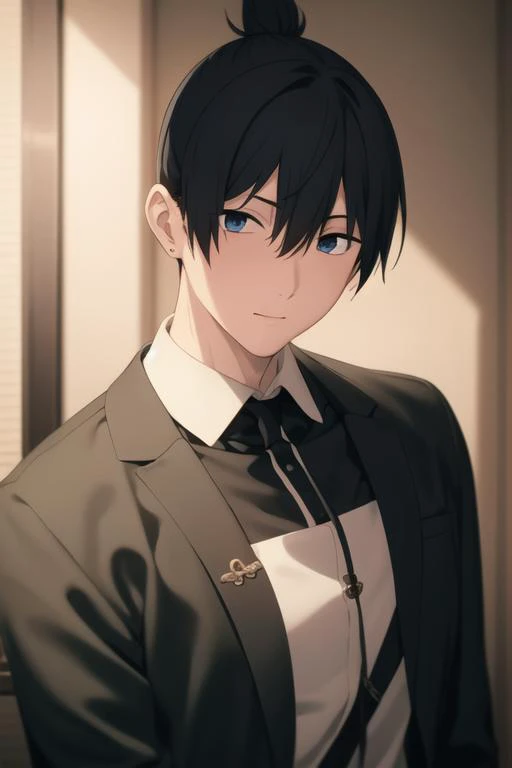 masterpiece, best quality, high quality, 1boy, solo, male focus, looking at viewer, upper body, <lora:hayakawa_aki:0.70>, hayakawa_aki, topknot,