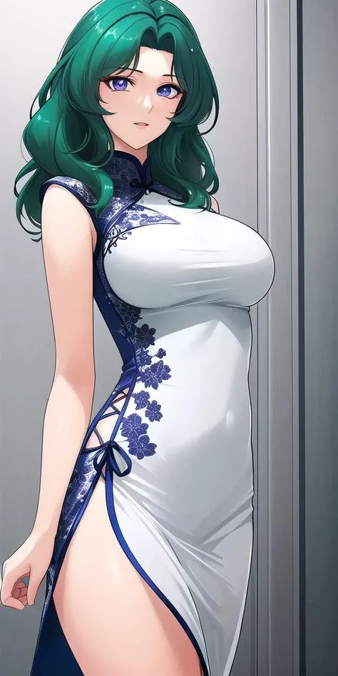 <lora:HaruMichiV2:0.7>, KaiouMichiru, large breasts, standing, solo, china_dress, masterpiece, best quality, detailed face, detailed eyes, highres,