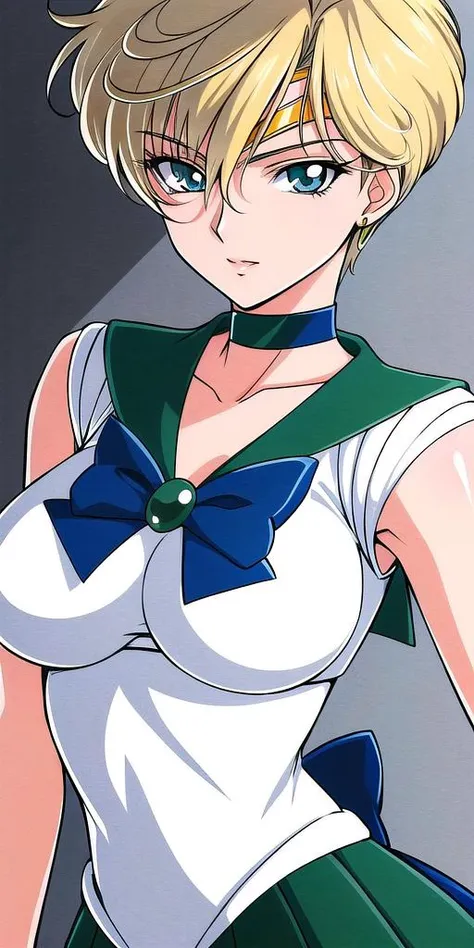 <lora:HaruMichiV2:0.7>, tenouharuka,  large breasts, standing, solo, green_sailor_senshi_uniform_blue_bowtie_blue_backbow_green_skirt, masterpiece, best quality, detailed face, detailed eyes, highres,