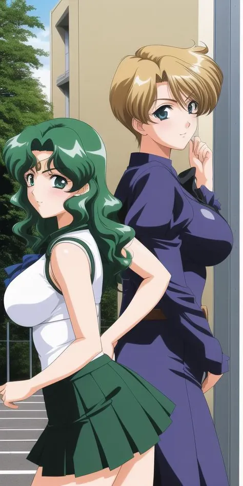 2girls, TenouHarukaAndKaiouMichiru, masterpiece, best_quality, highres, <lora:HaruMichi:0.45>, TenouHaruka, big_breasts, KaiouMichiru, standing