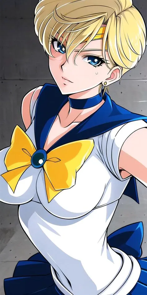 <lora:HaruMichiV2:0.7>, tenouharuka,  large breasts, standing, solo, blue_sailor_senshi_uniform_yellow_bowtie_blue_backbow_blue_skirt, masterpiece, best quality, detailed face, detailed eyes, highres,