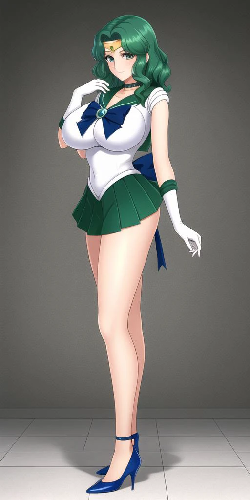 masterpiece, best_quality, highres, <lora:HaruMichi:0.45>, KaiouMichiru, big_breasts, NeptuneSailorCollar, NeptuneChoker, NeptuneGloves, NeptuneSkirt, NeptuneSenshiUniform, NeptuneTiara, NeptuneBow, NeptuneHighHeels, NeptuneBackBow, 1girl, solo, standing