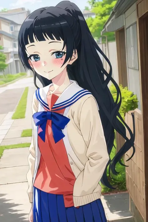 best quality, masterpiece, highres, solo, {chiyo_4ninwasorezoreusootsuku:1.15}, black_hair, long_hair, blush, bangs, mole, mole_under_eye, blunt_bangs, smile, blue_eyes, serafuku, ponytail, 1girl, closed_eyes, school_uniform