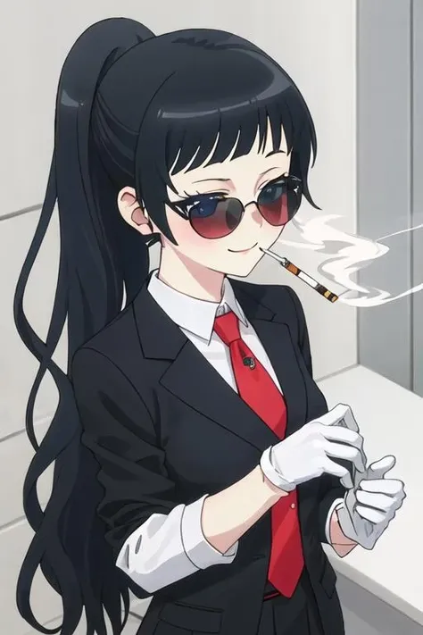 best quality, masterpiece, highres, solo, {black business suit:1.40}, {tie:1.20}, {sunglasses:1.25}, {white gloves:1.15}, {white shirt:1.10}, {black skirt:1.15}, {smoking:1.20}, handsome, {tsubaki_bluearchive:1.15}, short_hair, black_hair, animal_ears, bangs, blush, breasts, large_breasts, hair_between_eyes, halo, black_eyes