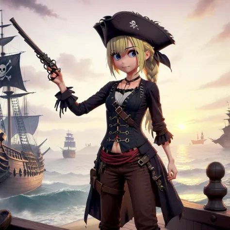 Ayane Amamiya, ((npasto style)) (inkpunk) style illustration of a full body shot, cinematic film still of strybk, a cute teenage  female, dressed as a pirate, black tricorn hat, blonde hair, very long hair, long braid, ( sadistic smile:1.1),  glint eyes, predatory look, fantasy, holding old pistol, cartoon,  sunset, a large pirate ship with a pirate flag in the background,  <lora:Ayane_Amamiya:1>, <lora:sdxl_lora_pirate2:1>