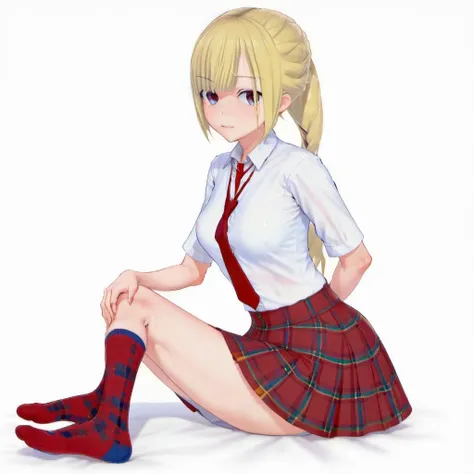 1girl, solo, white bra, school uniform, collared shirt, long skirt, reines el-melloi archisorte, plaid, red necktie, socks, crossed arms, sitting, underwear, looking to the side, slight smile, white background, floral print, blonde hair,   <lora:Ayane_Amamiya:1>