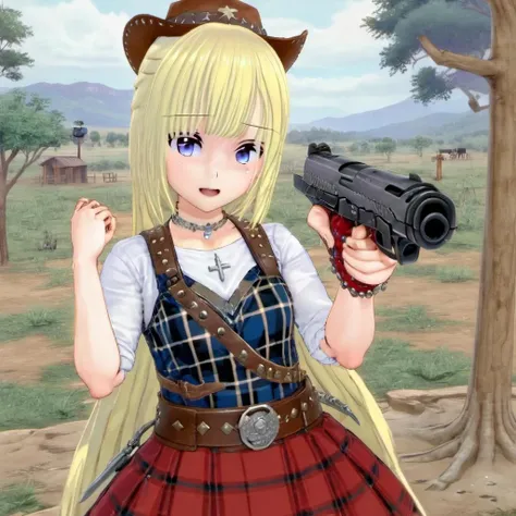 Ayane Amamiya, teenage girl aiming a pistol at the viewer, (1girl:1.1), jewelry, skirt, cross, solo, blonde hair, belt, necklace, outdoors, looking at viewer, eye contact, photo background, earrings, smirk, smug, one eye closed, winking, plaid skirt, blue eyes,( cowboy hat:1.2), plaid, spikes, blush, black nails, bracelet, shirt, tree, cowboy shot, very long hair, armlet, studded belt, tactical harness, red skirt, choker, miniskirt, day, nail polish, studded bracelet, <lora:Ayane_Amamiya:1>, <lora:sdxl_memegun_v2:1>
