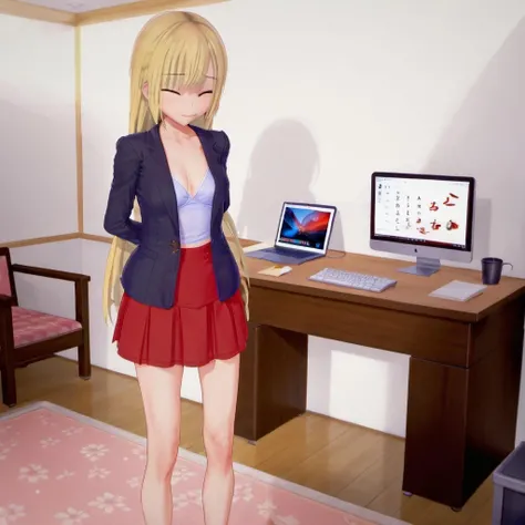 Ayane Amamiya, red skirt, , blazer, bra, closed mouth, skirt, blond hair, blue eyes, upper body, simple background, computer, spaghetti strap, toes, standing, barefoot, bedroom, smile, bare shoulders, desk, white bra, closed eyes, very long hair, <lora:Ayane_Amamiya:1>