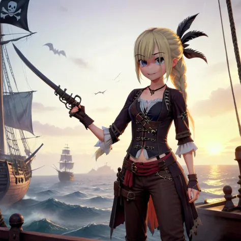 Ayane Amamiya, ((npasto style)) (inkpunk) style illustration of a full body shot, cinematic film still of strybk, a cute teenage female, dressed as a pirate, blonde hair, very long hair, long braid, ( sadistic smile:1.1), glint eyes, predatory look, fantasy, holding a cutlass, holding old pistol, cartoon, sunset, a large pirate ship with a pirate flag in the background, <lora:Ayane_Amamiya:1>, <lora:sdxl_lora_pirate2:1>