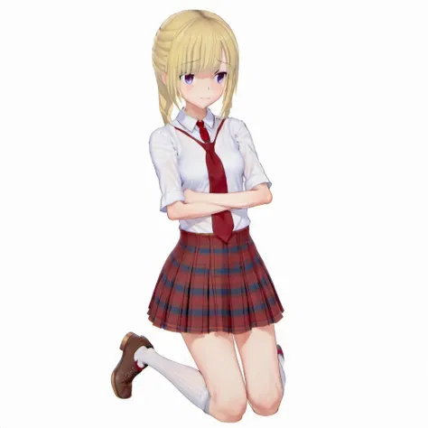 1girl, solo, white bra, school uniform, collared shirt, long skirt, reines el-melloi archisorte, plaid, red necktie, socks, crossed arms, sitting, underwear, looking to the side, slight smile, white background, floral print, blonde hair,   <lora:Ayane_Amamiya:1>