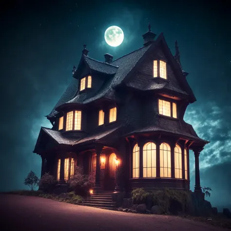 photo, a house at night with a full moon (Metroidvania style:1) <lora:djzMetroidvaniaV21:1>