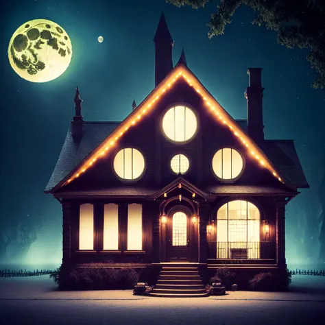 photo, a house at night with a full moon (Metroidvania style:1) <lora:djzMetroidvaniaV21:1>