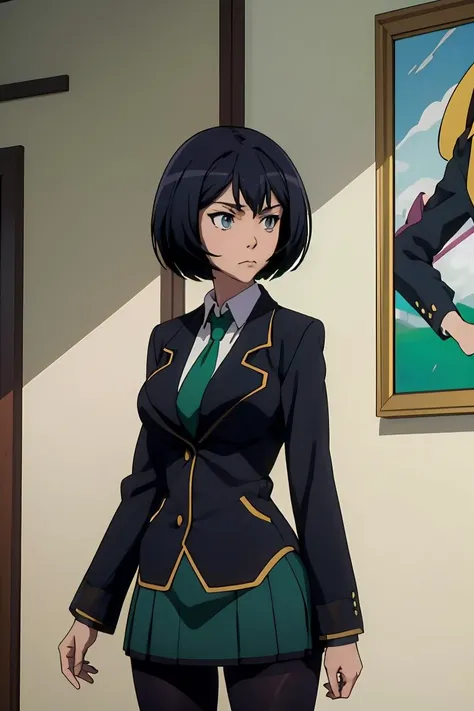 (masterpiece, best quality), <lora:sakurada-nvwls-v1:1> sakurada, black blazer, black jacket, long sleeves, green necktie, green skirt, black pantyhose,