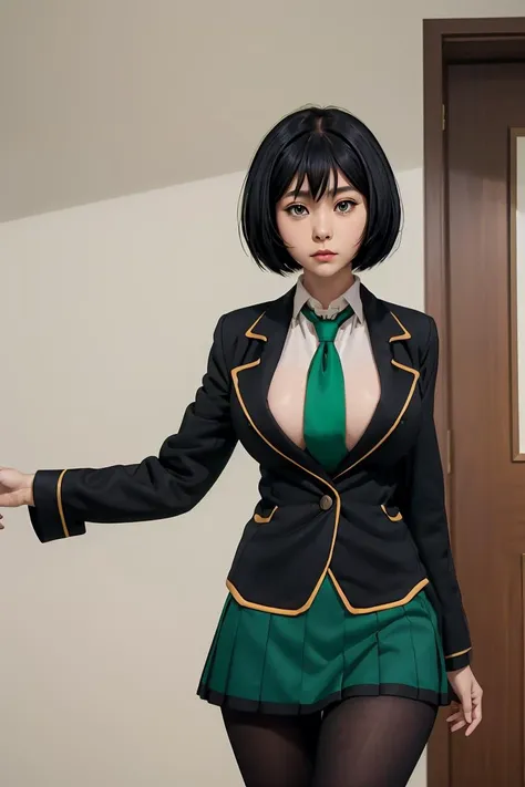 (masterpiece, best quality),  <lora:sakurada-nvwls-v1:1> sakurada, black blazer, black jacket, long sleeves, green necktie, green skirt, black pantyhose,