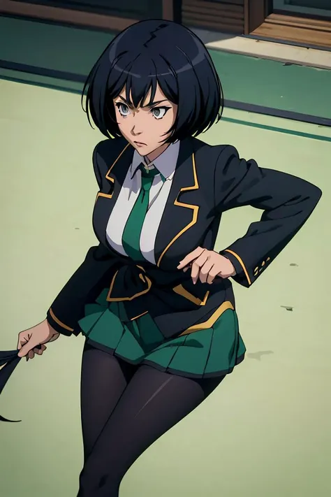 (masterpiece, best quality),  <lora:sakurada-nvwls-v1:1> sakurada, black blazer, black jacket, long sleeves, green necktie, green skirt, black pantyhose,