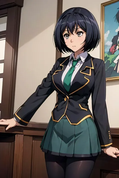 (masterpiece, best quality),  <lora:sakurada-nvwls-v1:1> sakurada, black blazer, black jacket, long sleeves, green necktie, green skirt, black pantyhose,