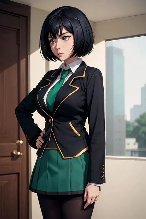 (masterpiece, best quality),  <lora:sakurada-nvwls-v1:1> sakurada, black blazer, black jacket, long sleeves, green necktie, green skirt, black pantyhose,