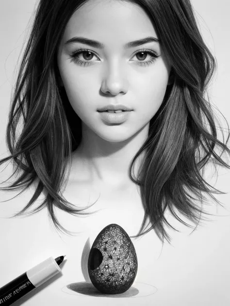 Create a 2D sketch portrait of a cute young woman with a unique, three-dimensional effect, as if the drawing is coming out of the paper. Use an H pencil on low grain white paper for an uncolored pencil line draft. Apply hand-drawn art techniques such as scumbling, extra lines, and clear lines, with hatching for depth and shadow. Emphasize certain elements, like her hair or a part of her clothing, to extend slightly beyond the paper's boundaries, creating an illusion of breaking the two-dimensional barrier. The black and white theme should enhance the 3D effect, making the girl appear as if she's emerging from the canvas.