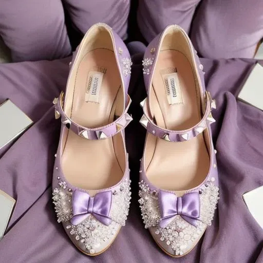 realistic intricately detailed modern Valentino shoes with roses and ribbon in lilac, mint white and silver