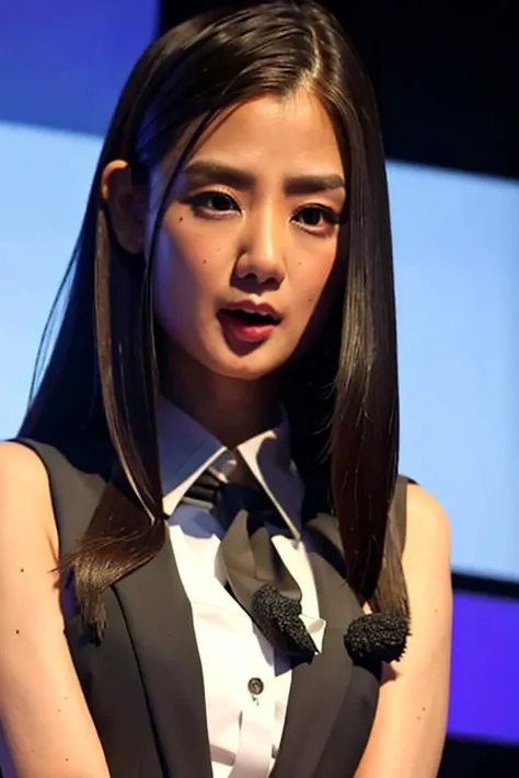<lora:JPNewsAnchorsInBigScreen:0.7>  asian face news anchor in front of big screen,  1girl,solo, long hair, back screen is big which is from the floor to ceiling and left to right, news tv, news tv studio, anchor woman, hd pic, ultra hd, , beautiful face, nikon RAW photo,8 k,Fujifilm XT3,masterpiece, best quality,,realistic, photorealistic,ultra detailed, diamond stud earrings, long hair, hazel eyes, serious expression, slender figure, wearing a black blazer and white blouse, sexy, erotic, seductive, (nsfw:1.2), facing viewer, firm breast cleavage <lora:126822:1> areola slip