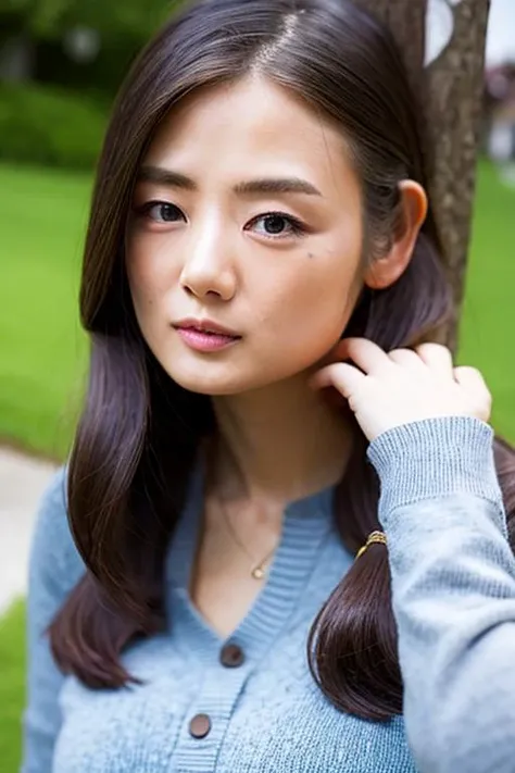 (8k,RAW Photos、RAW Photos、highest quality、Master Masterpiece:1.2)、Ultra-detailed、Super Resolution、(Photorealistic:1.3)、Frontal shooting angle、Clearly depict the shadows of light、High resolution RAW color photos、Professional photography、Same skin type as humans、Japan female proofreading from head to waist、Blur the background、Drawing faithful to anatomy、Very detailed and beautiful、Ultra HD、length、Her hair is swinging and sexy、Very detailed beautiful girl、(Pink Eyeshadow)、smile、Private Server、Go to the park on a sunny day、loosely curled hair、sweater、wave hands、Earrings、