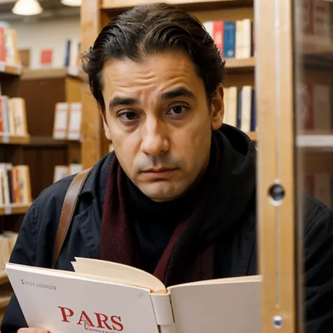 RAW image, concerned expression man at a Paris bookstore