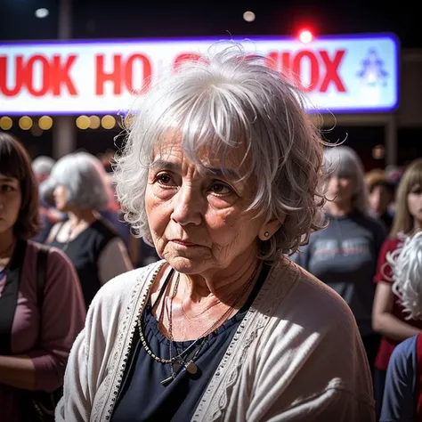 old woman with gray mop-top hair, with a miserable expression, looking at a crowd of kids outside a 70s style rock concert arena