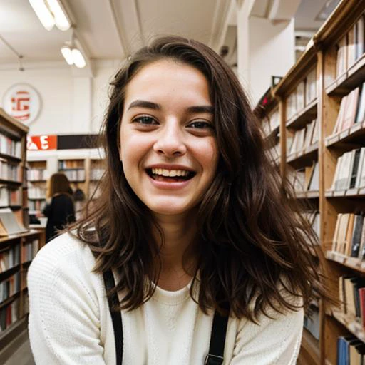 RAW image, (excited:1.3) expression woman at a Paris bookstore