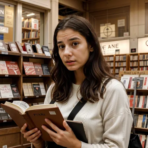 RAW image, (worried:1.3) expression woman at a Paris bookstore