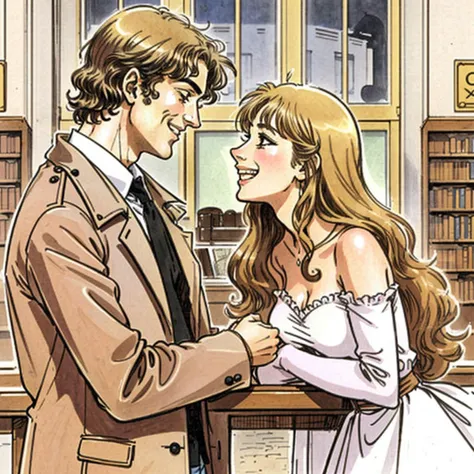 illustration by Milo Manara, (emotionless:1.3) man talking to (happy woman:1.3) at a Paris bookstore