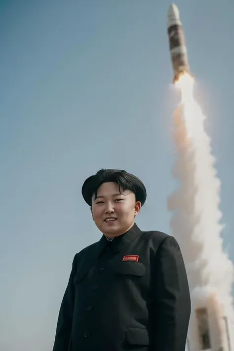 (jimkong) <lyco:KimJongUnDogu:0.69>, laughing, sitting on a rocket, (ICBM:1.25), , solo, portrait shot, 8k uhd, dslr, high quality, film grain, Fujifilm XT3