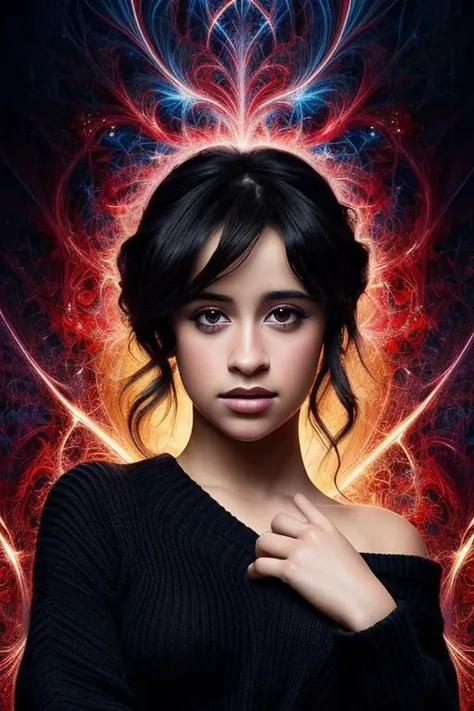 ( cmilacabo:0.99),(masterpiece, top quality, best quality, official art, beautiful and aesthetic:1.2), (fractal art:1.3), 1girl, beautiful, high detailed, dark lighting, serious face, looking the sky, sky, medium shot, black sweater, jewelry, masterpiece, best quality,