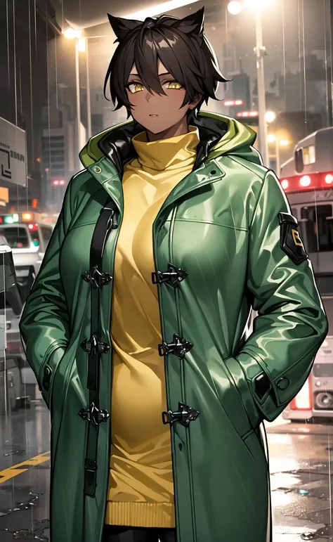 masterpiece, best quality,1girl, (night city, rain, coat, hands in pockets:1.4), mao_yotaro, , (fully clothed), dark skin, thick body,  muscular, outdoor, yellow eyes,  <lora:Mao_yotaro:0.65>