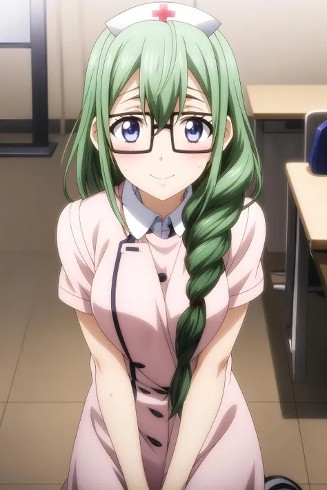1girl, indigo eyes, smile, solo, green hair, single braid, glasses, looking at viewer, nurse outfit, meiko_otsuka, <lora:add_detail:0.7>