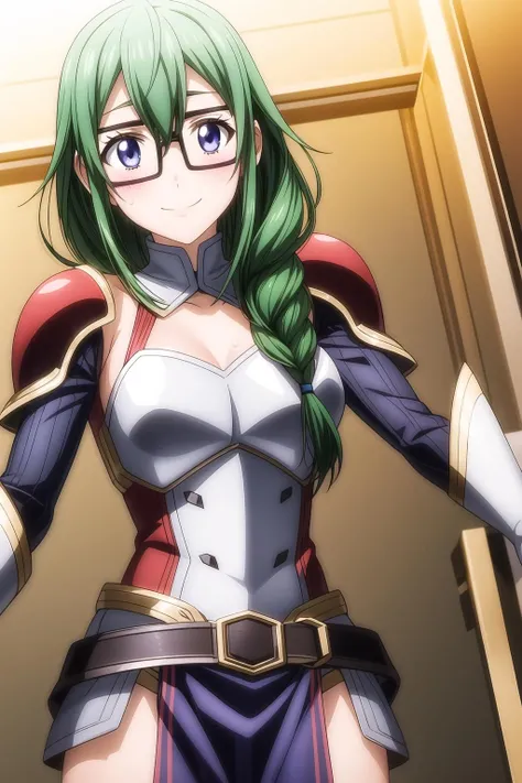 1girl, indigo eyes, smile, solo, green hair, single braid, wearing glasses, looking at viewer, armor outfit , meiko_otsuka, <lora:add_detail:0.7>